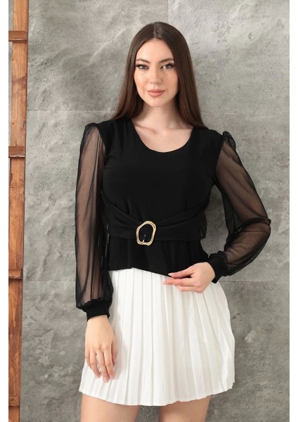Tokalı Tül Kollu Bluz Siyah