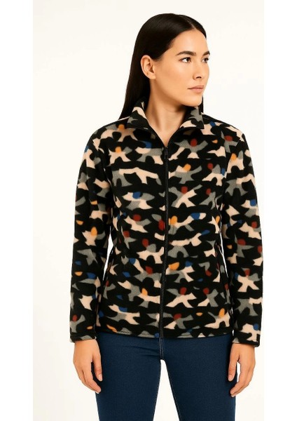 Kadın Tam Fermuarlı Desenli Polar Sweat – Siyah Multicolor Figür Desen Yakalı, Uzun Kollu, Oversize Rahat Kalıp - Siyah modelleri