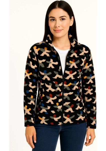 Kadın Tam Fermuarlı Desenli Polar Sweat – Siyah Multicolor Figür Desen Yakalı, Uzun Kollu, Oversize Rahat Kalıp - Siyah fırsatları
