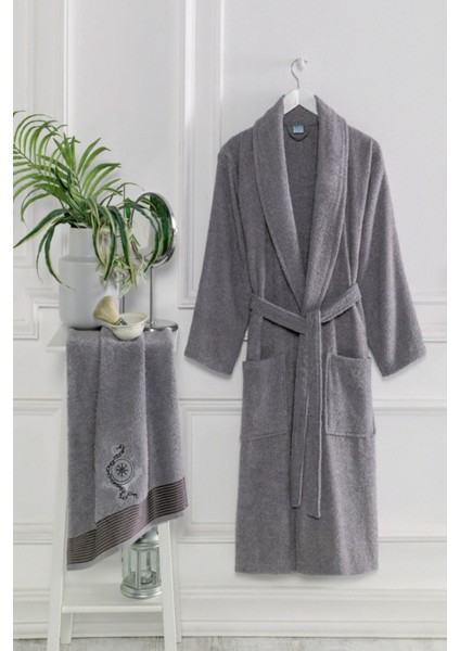 Shine Pamuklu Nakışlı Işlemeli Şal Yaka Bornoz - Saç Havlu Set