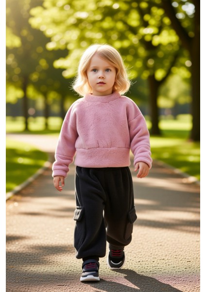 Kız Çocuk Peluş Dokulu Bisiklet Yaka Üst ve Jogger Pantolon Takımı Kaliteli Şık Rahat