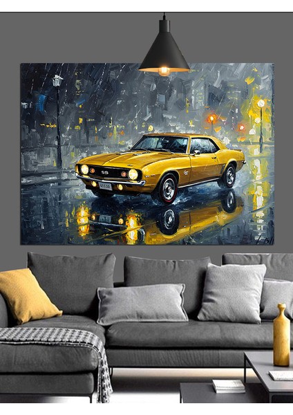 Sarı Vintage Araba Çamurlu Yol Dekoratif Kanvas - Mdf Ahşap Tablo