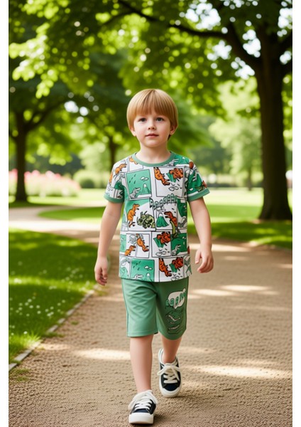 Erkek Çocuk Yazlık Dinozor Baskılı Örme Tişört ve Şort Takımı Kaliteli Şık Rahat modelleri