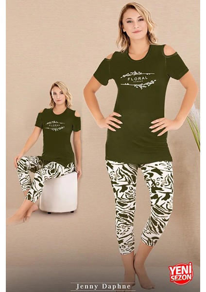 Lady Yeşil Desenli Omuzlar Açık Kapri Pijama Takımı