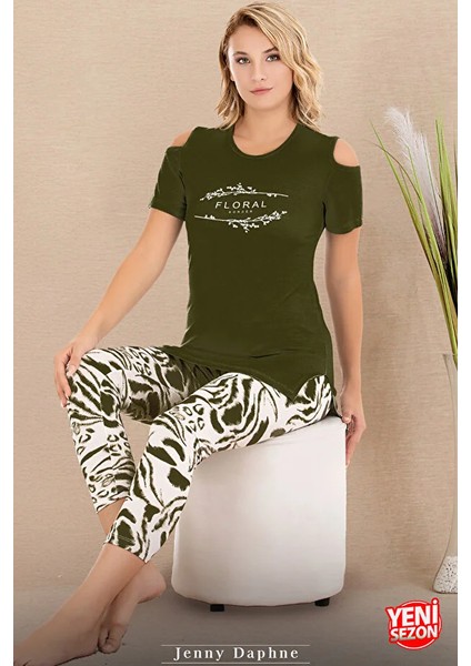 Lady Yeşil Desenli Omuzlar Açık Kapri Pijama Takımı fiyatları