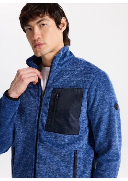 D5WM-SWT3808 Koyu Mavi Dik Yaka Relaxed Düz Erkek Polar Sweatshırt