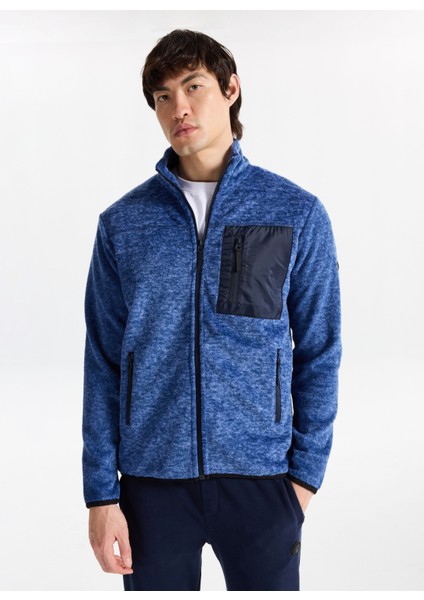 D5WM-SWT3808 Koyu Mavi Dik Yaka Relaxed Düz Erkek Polar Sweatshırt modelleri