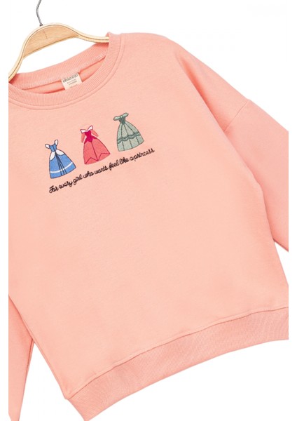 Kız Çocuk Yuvarlak Yaka Yavruağzı Sweatshirt - Prenses Elbiseleri Desenli Nakışlı Çocuk Sweat modelleri