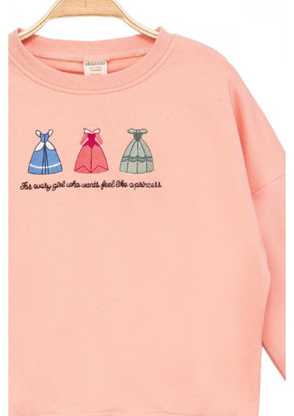 Kız Çocuk Yuvarlak Yaka Yavruağzı Sweatshirt - Prenses Elbiseleri Desenli Nakışlı Çocuk Sweat fırsatları