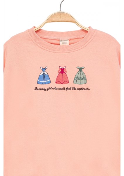Kız Çocuk Yuvarlak Yaka Yavruağzı Sweatshirt - Prenses Elbiseleri Desenli Nakışlı Çocuk Sweat indirimleri
