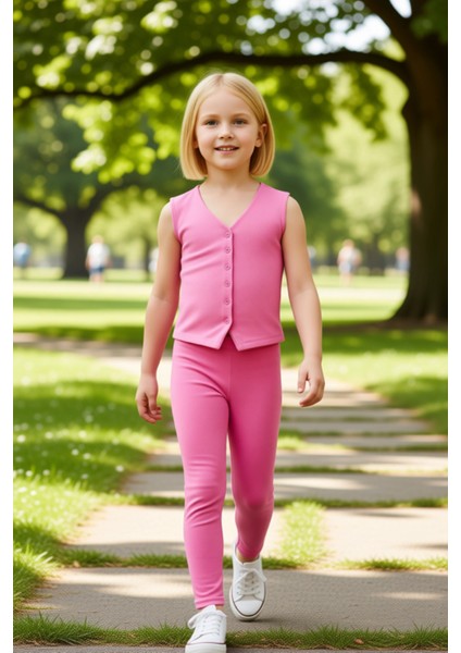 Kız Çocuk V Yaka Düğmeli Fitilli Yelek ve Esnek Tayt Takımı Kaliteli Şık Rahat