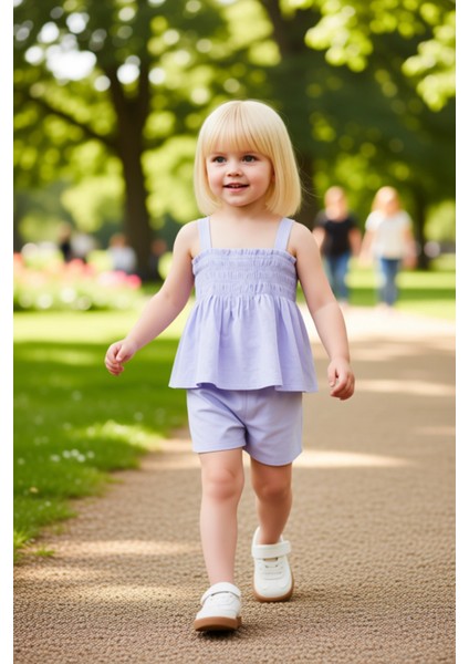 Kız Çocuk Pamuklu Müslin Dokuma Kolsuz Üst ve Şort Takımı Kaliteli Şık Rahat Günlük