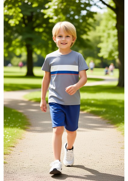 Erkek Çocuk Pamuklu Baskılı Bisiklet Yaka Kısa Kollu T Shirt ve Şort Takımı Kaliteli Şık Rahat