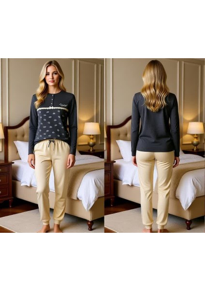 Kadın Pamuklu Gri Melanj Desenli Renk Pijama Takımı AL506-2