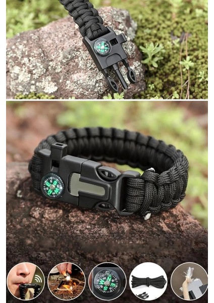 5'i 1 Arada Çok Fonksiyonlu Hayatta Kalma Bilekliği Pusula, Düdük, Çakmak Taşı ve Şemsiye Ipi Bileklik