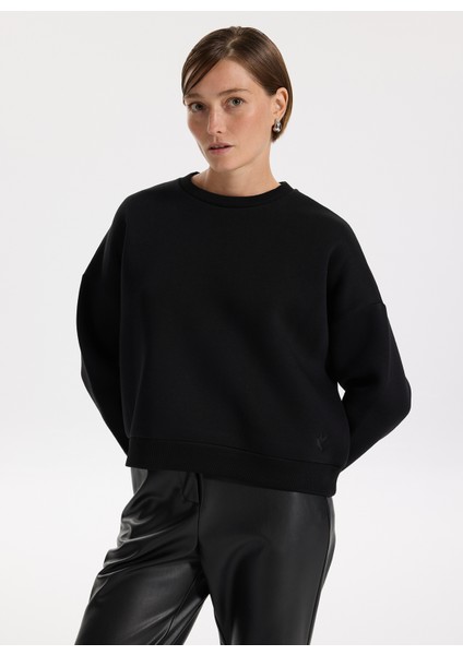 Bisiklet Yaka Düz Siyah Kadın Sweatshırt Ravello-Y