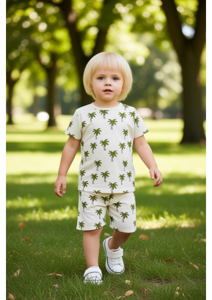 Erkek Çocuk Tropikal Baskılı Örme Pijama Takımı Tişört ve Şort Kaliteli Şık Rahat modelleri
