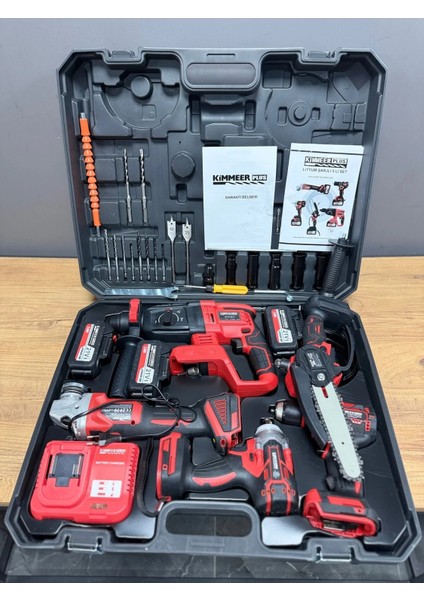 Akkemik Kimmer Plus 21V Akülü 5'li Set Kırıcı Delici Hilti Taşlama Somun Sıkma Vidalama Budama Kırmızı Renk