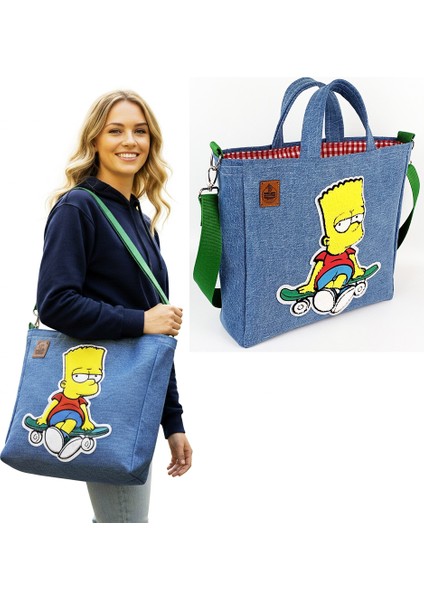 Bart Simpson Tasarım Büyük Boy Denim Tote Çanta
