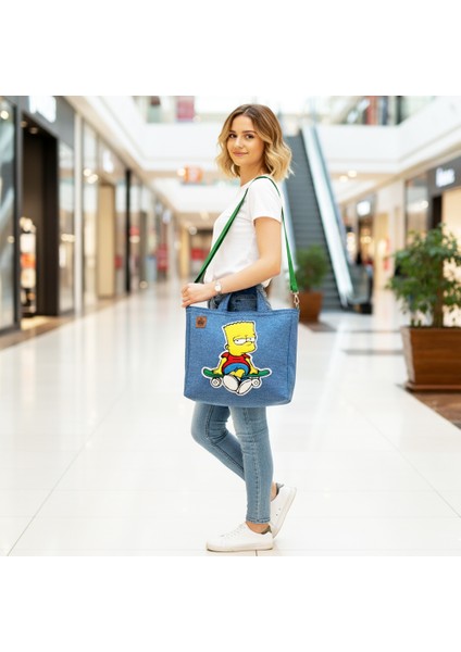 Bart Simpson Tasarım Büyük Boy Denim Tote Çanta modelleri