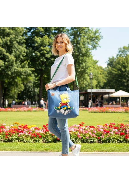 Bart Simpson Tasarım Büyük Boy Denim Tote Çanta indirimleri