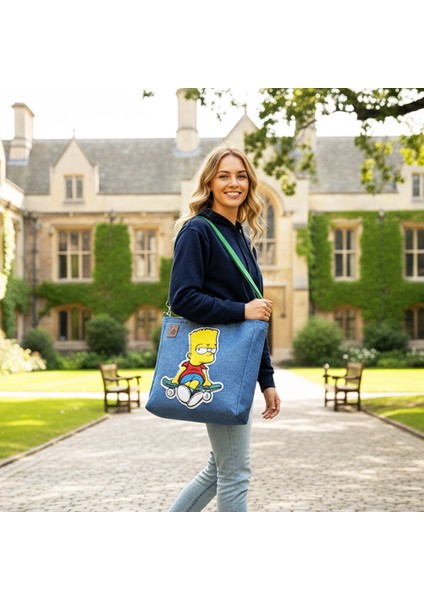 Bart Simpson Tasarım Büyük Boy Denim Tote Çanta