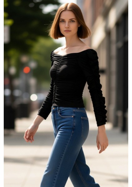 Kadın Carmen Yaka Uzun Kollu Büzgülü Örme Kaliteli Şık Rahat Modern Zarif Günlük