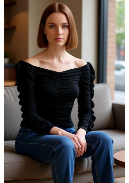 Kadın Carmen Yaka Uzun Kollu Büzgülü Örme Kaliteli Şık Rahat Modern Zarif Günlük fiyatları