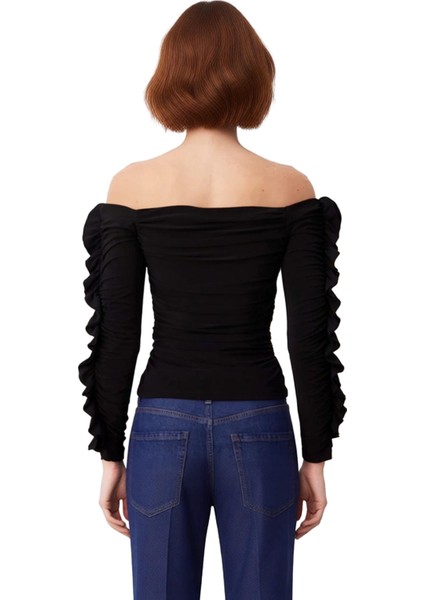 Kadın Carmen Yaka Uzun Kollu Büzgülü Örme Kaliteli Şık Rahat Modern Zarif Günlük fırsatları