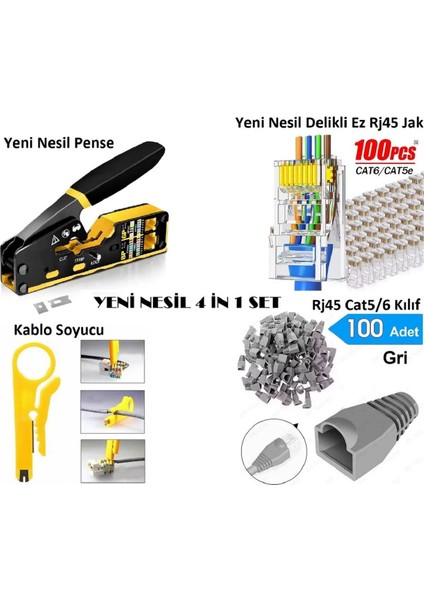 Yeni Nesil Ez RJ45 Sıkma Pensesi + Kablo Soyucu + 100 Adet Cover + 100 Adet Yeni Nesil Ez 8PC8C Utp Jak Network Aksesuarları Seti
