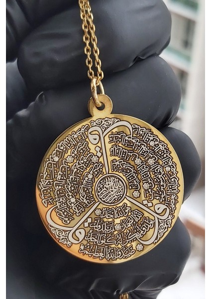 925 Ayar Gümüş 24 Ayar Altın Kaplama Ihlas, Felak ve Nas Sureleri Yazılı Madalyon Kolye