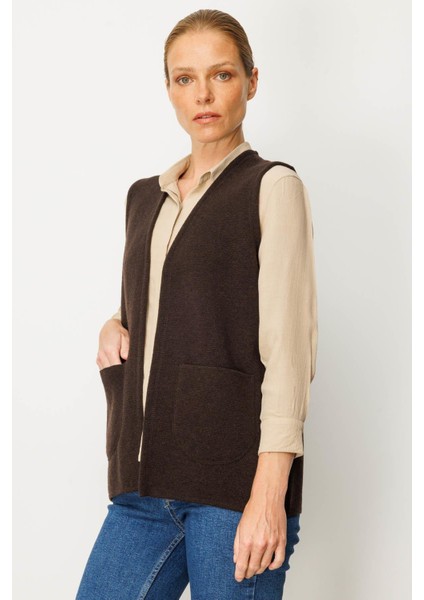 Kadın V Yaka Çelik Örgü Yün Anne Yelek 25044 Koyu Kahve fiyatları