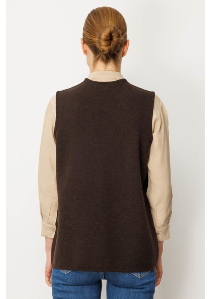 Kadın V Yaka Çelik Örgü Yün Anne Yelek 25044 Koyu Kahve fırsatları