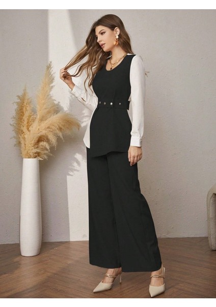 Kadın Uzun Kollu Açık Yakalı Çift Renkli Kemerli Ithal Krep Ikili Takım