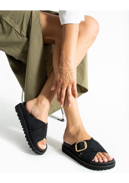 Tekstil-Nappa Hafif Comfort Kadın Siyah Terlik 25Y-1482
