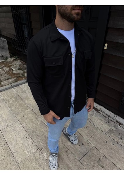 Erkek Diagonal Kumaş Cepli Çıtçıtlı Uzun Kollu, Gömlek Oversize Rahat Kalıp Günlük Şık Stil - Siyah fiyatları