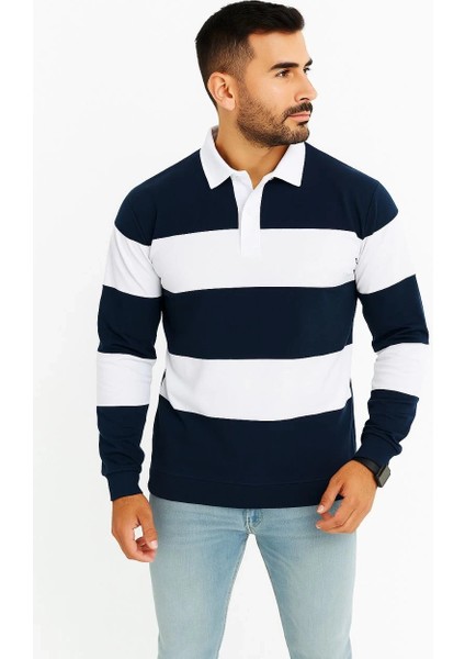 Erkek Polo Yaka Uzun Kollu Çizgili Sweatshirt Trend Rugby Stil - Lacivert