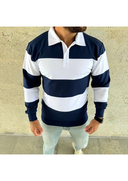 Erkek Polo Yaka Uzun Kollu Çizgili Sweatshirt Trend Rugby Stil - Lacivert fırsatları