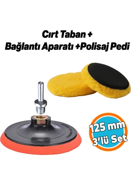 (3'lü Set) Sarı Renk Orta Sert Koyun Kuzu Postu Pedi Ø 125 mm Pasta Cila Polisaj Cırt Taban + M14