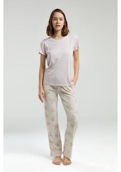 Kadın Süprem Kumaş Pudra Renk Kısa Kollu Pijama Takımı