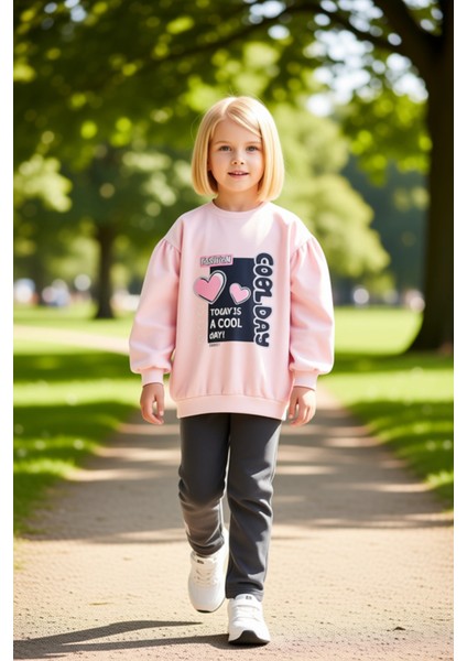 Kız Çocuk Pamuklu Kalp Baskılı Sweatshirt ve Tayt Takımı Kaliteli Şık Rahat Günlük