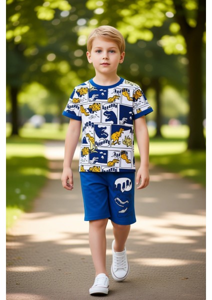 Erkek Çocuk Dinozor Temalı Çizgi Roman Baskılı Kısa Kollu Üst ve Şort Takımı Kaliteli Şık Rahat