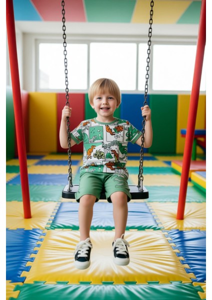 Erkek Çocuk Dinozor Temalı Çizgi Roman Baskılı Kısa Kollu Üst ve Şort Takımı Kaliteli Şık Rahat modelleri