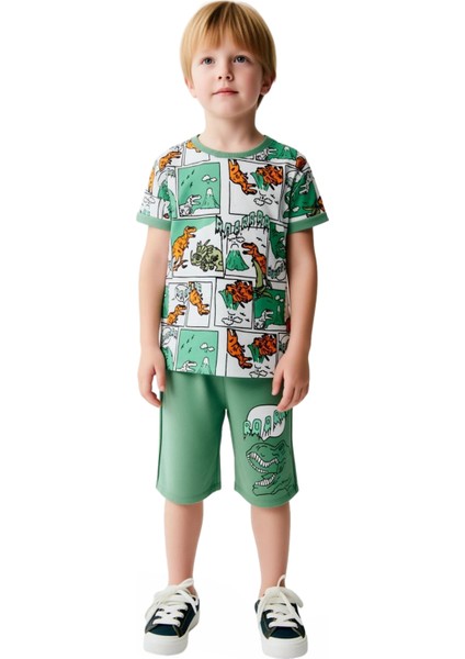 Erkek Çocuk Dinozor Temalı Çizgi Roman Baskılı Kısa Kollu Üst ve Şort Takımı Kaliteli Şık Rahat fırsatları