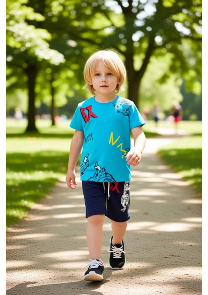 Erkek Çocuk Dinozor Desenli Pamuklu Bisiklet Yaka Kısa Kollu T Shirt ve Şort Takımı Kaliteli