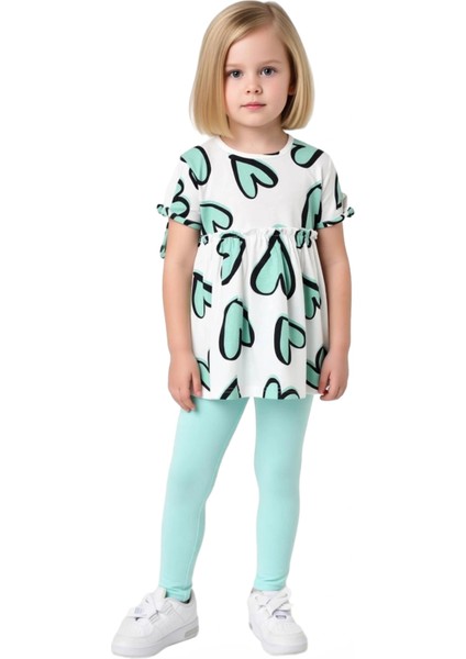 Kız Çocuk Pamuklu Kalp Desenli Bisiklet Yaka Kısa Kollu Üst ve Tayt Takımı Kaliteli Şık Rahat fırsatları