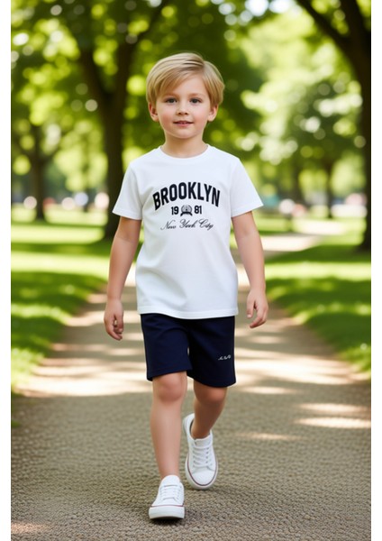 Erkek Çocuk Günlük Pamuklu Brooklyn Baskılı T Shirt ve Şort Kombinasyonu Kaliteli Şık Rahat modelleri