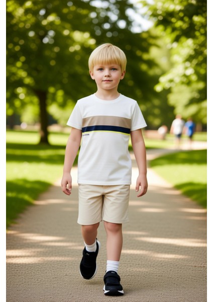 Erkek Çocuk Pamuklu Baskılı Bisiklet Yaka Kısa Kollu T Shirt ve Şort Takımı Kaliteli Şık Rahat