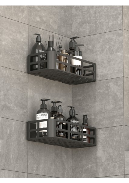 Evo 2’li Yapışkanlı Duvar Organizer – Siyah Banyo & Duş Rafı Seti (Şampuanlık & Sabunluk)