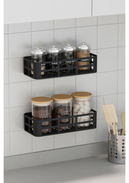 Evo 2’li Yapışkanlı Duvar Organizer – Siyah Banyo & Duş Rafı Seti (Şampuanlık & Sabunluk)
